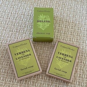2-Crabtree & Evelyn Verbena and Lavender Facial Soap and shower cap